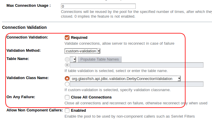 Connection validation configuration in Admin console