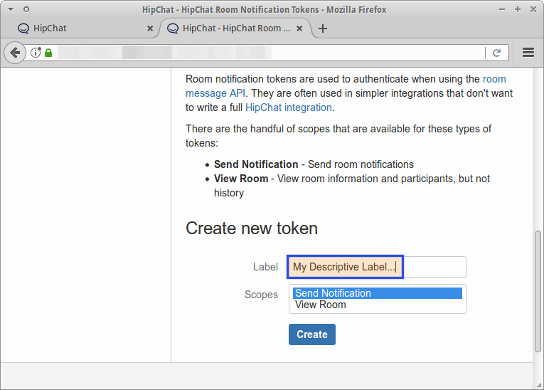 Create Hipchat room token