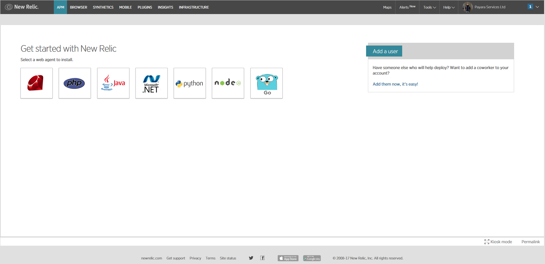 NewRelic agent setup welcome screen