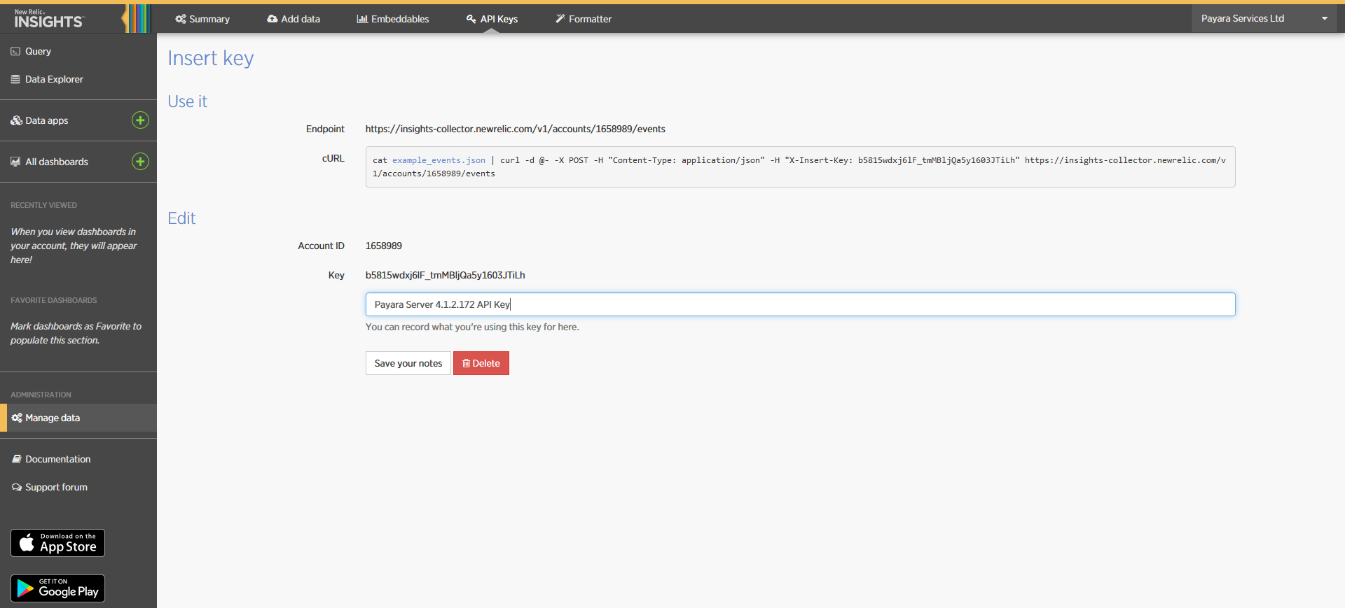 NewRelic Insights Insert API Keys