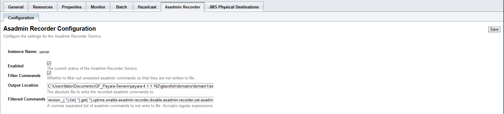 Asadmin recorder configuration