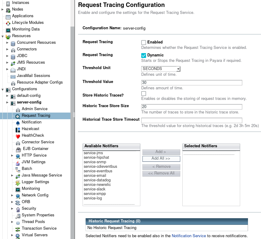 Request Tracing Configuration in the Admin Console